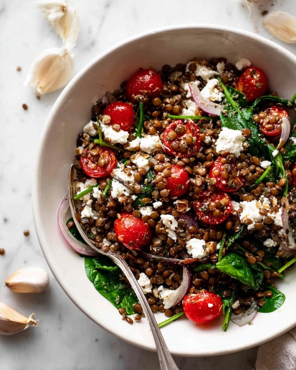 A white bowl filled with a fresh lentil salad, showing three main layers: the bottom layer is a mix of dark brown lentils with a slightly glossy texture, the middle layer has bright red cherry tomatoes that appear juicy and roasted, and fresh green spinach leaves scattered throughout, and the top layer is dotted with chunks of soft white cheese, likely ricotta, adding a creamy texture. The salad is mixed with thin slices of light purple shallots and sprinkled with small brown seeds. A silver spoon rests in the bowl, slightly digging into the salad, all set on a white marbled surface with some scattered garlic cloves on the side. Photo taken with an iphone --ar 4:5 --v 7
