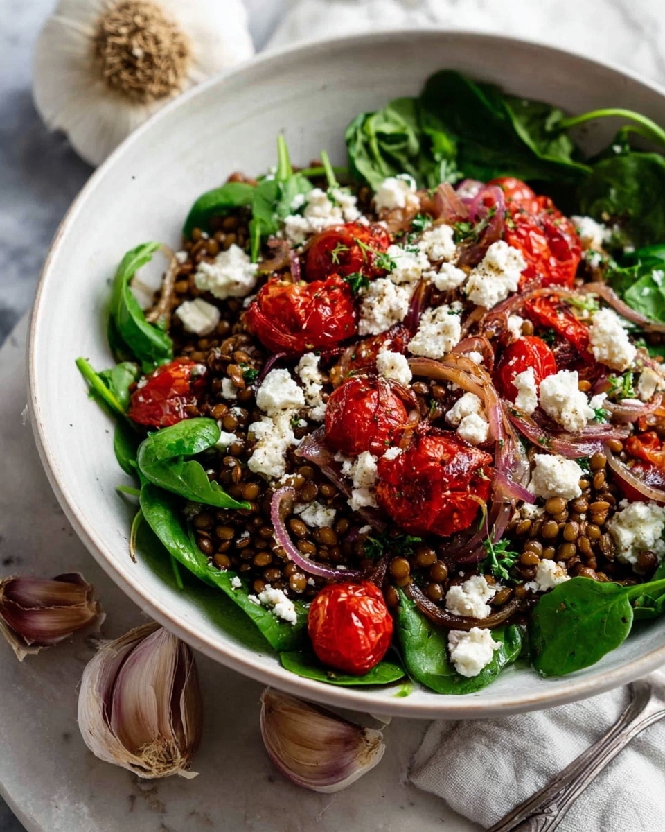 A white bowl holds a colorful salad with three main layers: the bottom layer is fresh green spinach leaves, the middle layer is a mix of brown lentils and small red tomatoes, and the top layer is white crumbled cheese scattered unevenly. The lentils have a soft texture and are mixed with small pieces of red onion, adding purple tones. The salad sits on a white marbled surface with garlic bulbs and a silver spoon nearby, adding a rustic touch. The image is bright and clear with a close-up view. photo taken with an iphone --ar 4:5 --v 7