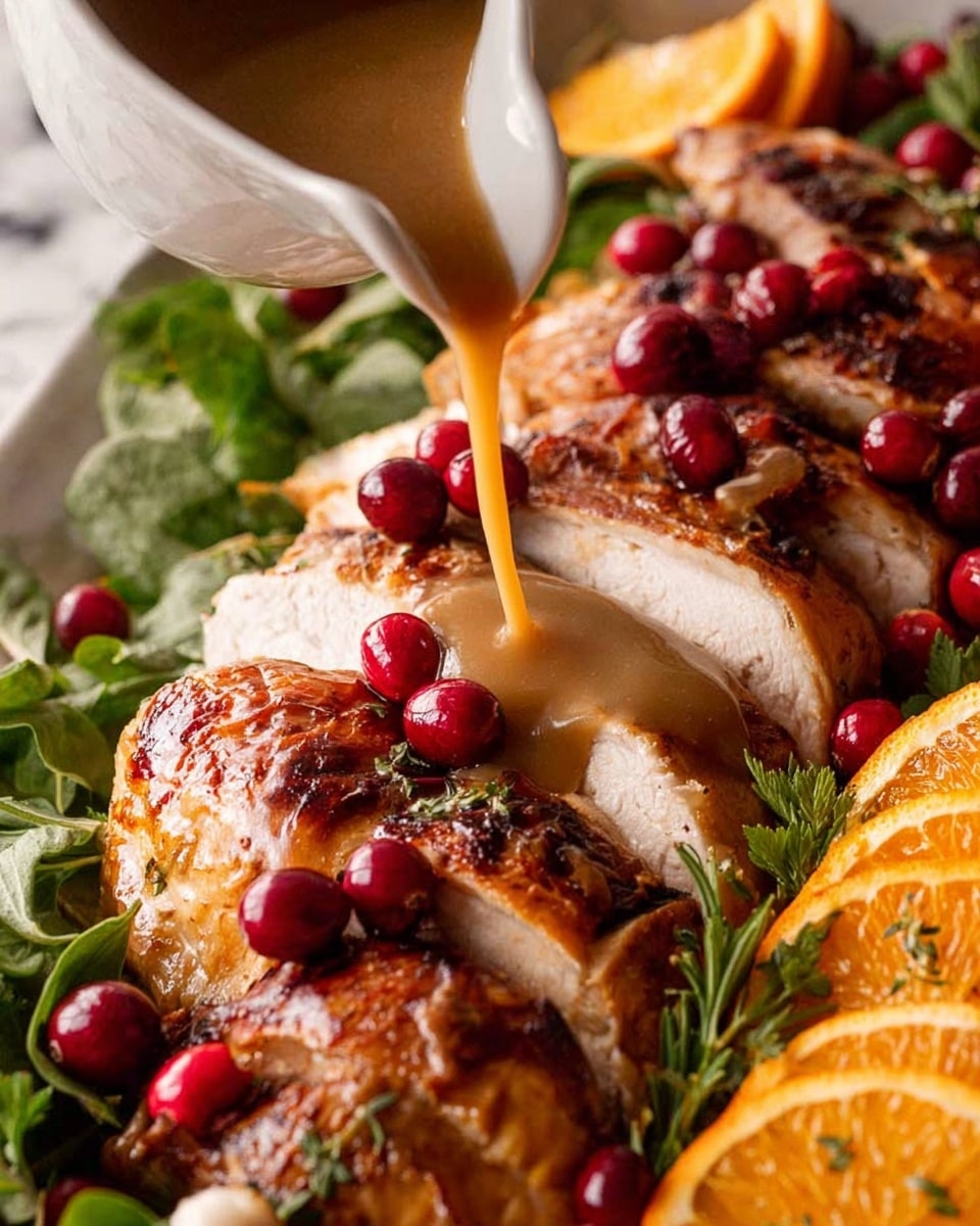 The image shows sliced roasted turkey pieces with a golden brown color and juicy texture arranged closely together. A thick, creamy brown gravy is being poured over the middle slices from a white jug. Bright red cranberries are scattered across the turkey slices, adding pops of color. Fresh green leafy herbs are placed between and around the meat for decoration. On the right side, there are orange slices with a fresh look and vibrant color. The whole scene sits on a white marbled textured surface. Photo taken with an iphone --ar 4:5 --v 7