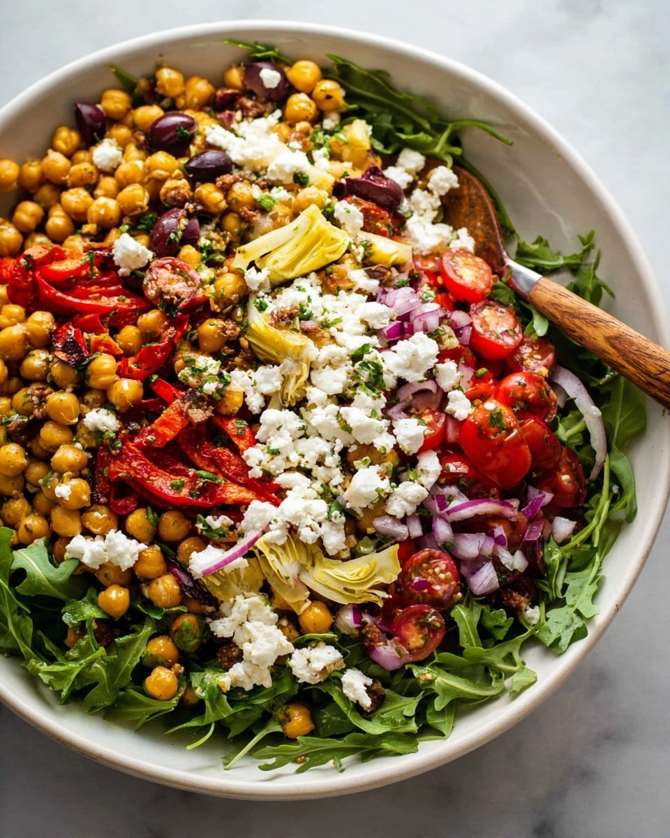 A large wooden bowl filled with a mixed salad sits on a white marbled surface. The salad has several layers: at the bottom green arugula leaves with a fresh, leafy texture; scattered on top are small red cherry tomatoes, creamy white chunks of crumbled feta cheese, beige chickpeas, and pale yellow artichoke hearts. There are also sliced black olives and sun-dried tomatoes adding dark brown and red colors across the salad. A wooden spoon is partially immersed in the salad, giving a natural, rustic feel. Around the bowl, fresh arugula and cherry tomatoes are scattered on the white marbled surface, adding extra color and freshness to the scene. Photo taken with an iphone --ar 4:5 --v 7