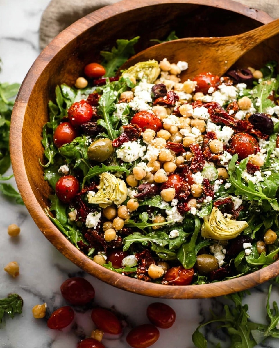 A large white bowl filled with a colorful layered salad, starting with a base of fresh green arugula leaves at the bottom, topped with a mix of golden chickpeas spread across the middle. Scattered on top are bright red cherry tomatoes and thin strips of roasted red peppers, mixed with chunks of pale yellow artichoke hearts. There are also small pieces of dark purple black olives and finely chopped red onions adding contrast throughout. Large crumbles of creamy white feta cheese are spread unevenly over the top, with some green herb bits sprinkled around. A wooden-handled spoon is placed inside the bowl, resting on the salad. The bowl sits on a white marbled surface. photo taken with an iphone --ar 4:5 --v 7