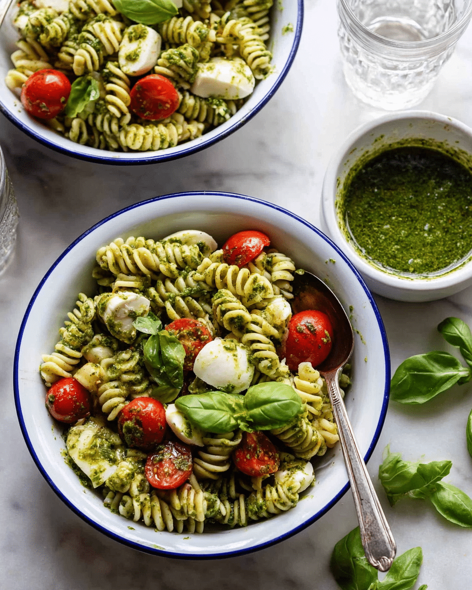 A close-up view of a pasta salad with three main layers: the base layer is green pesto-coated rotini pasta with a twisted texture, scattered evenly across the image. The middle layer has bright red cherry tomato halves placed among the pasta, showing smooth, glossy skin. The top layer consists of small white mozzarella balls and fresh green basil leaves, adding a soft, leafy contrast to the pasta and tomatoes. The dish is set against a white marbled surface. photo taken with an iphone --ar 4:5 --v 7