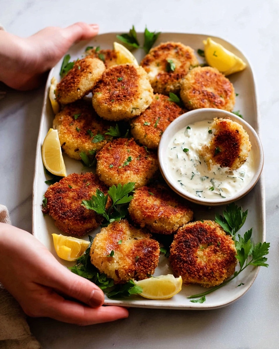 A white tray holds about a dozen golden-brown, crispy round patties arranged in a slightly scattered way. Bright green parsley leaves and thin lemon wedges are placed between the patties, adding a fresh touch. On the right side, a small white bowl filled with creamy white sauce dotted with green herbs sits partly surrounded by the patties, with one patty dipped halfway in the sauce. Two woman's hands are holding the tray on opposite ends, all set against a white marbled background. photo taken with an iphone --ar 4:5 --v 7