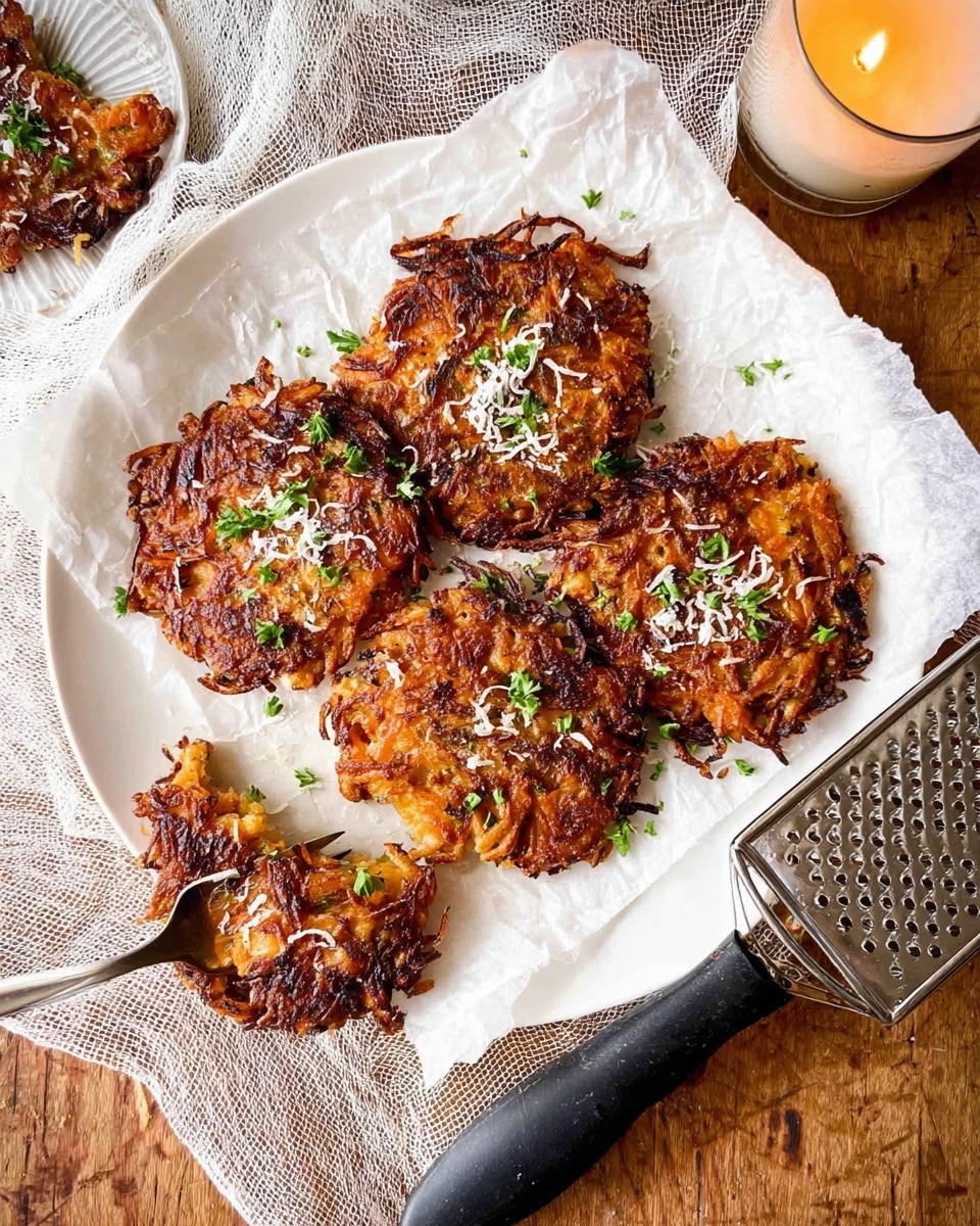 The image shows six golden brown crispy fritters placed on white parchment paper on a round white plate. The fritters have a rough, textured surface with visible grated shreds, slightly darkened edges, and some charred spots, indicating they are well-cooked and crunchy. They are topped with small sprinkles of white grated cheese and green chopped herbs scattered lightly over them. A silver fork with a black handle holds a piece of one fritter in the bottom left corner. On the right side of the plate, a metal grater with a black handle rests partially on the parchment paper. The whole setup is on a wooden table, covered with a white gauzy cloth on the upper left and a lit candle in a glass holder on the upper right. photo taken with an iphone --ar 4:5 --v 7