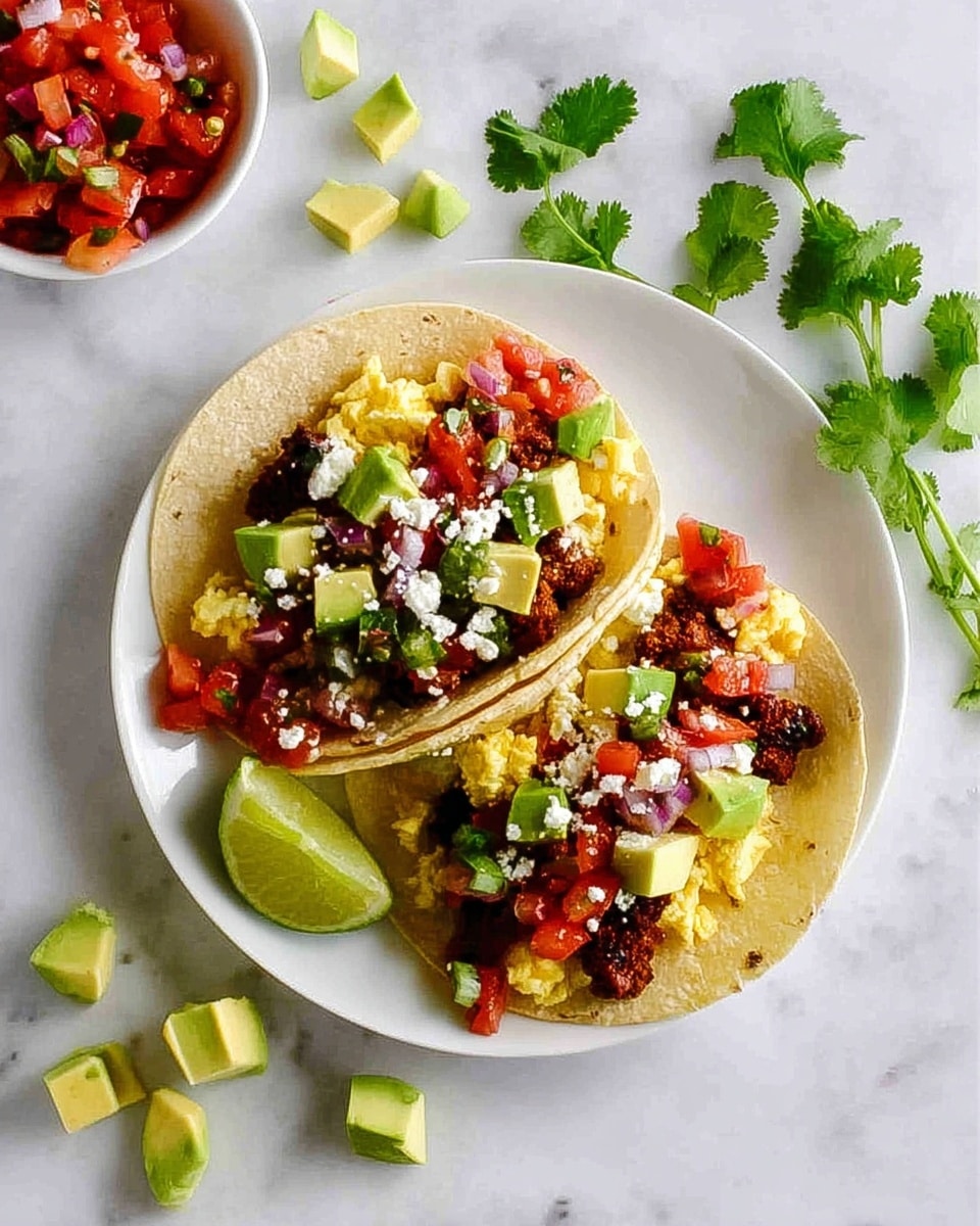 Two soft white tortillas are placed side by side on a white plate. Each tortilla holds a base layer of scrambled eggs, topped with small pieces of browned meat. On top of the meat, there are scattered diced green avocado cubes and finely chopped red tomatoes mixed with bits of red onion. White crumbly cheese is sprinkled over everything. A lime wedge is placed on the edge of the plate. Around the plate, fresh green cilantro sprigs, lime wedges, and small avocado cubes are spread on a white marbled surface. A white bowl filled with chopped tomato and red onion salsa is partly visible at the top left. Photo taken with an iphone --ar 4:5 --v 7