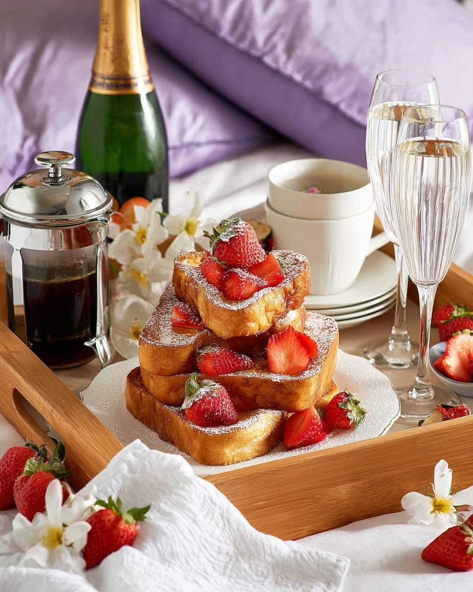 A wooden tray holds a white plate stacked with four thick, golden-brown slices of French toast arranged in a pyramid shape, each slice topped with fresh red strawberry slices and dusted lightly with powdered sugar, garnished with extra strawberries on the plate’s edges. Behind the plate, there are two white cups stacked and a plate with more strawberries and white flowers with yellow centers. To the left of the toast sits a shiny silver French press filled with dark coffee, and behind it is a tall green champagne bottle with a gold label. On the right side of the tray, two empty clear champagne flutes stand, and beside the tray on the white marbled surface, a white cloth napkin with several whole red strawberries on and around it adds to the scene. The background features soft purple pillows and a bed with white linens, enhancing the cozy breakfast setting. photo taken with an iphone --ar 4:5 --v 7