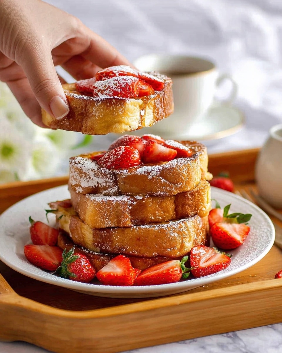 A stack of four thick, golden-brown slices of French toast is arranged on a white plate with powdered sugar light dusted over the top. Each slice is topped with bright red, sliced strawberries spread out across the layers and some whole strawberries are scattered around the base of the stack on the plate. A woman's hand is holding one piece of French toast near the top of the image, adding a sense of motion. The plate sits on a wooden tray, with a white teacup and saucer slightly blurred in the background, all placed on a white marbled surface. photo taken with an iphone --ar 4:5 --v 7