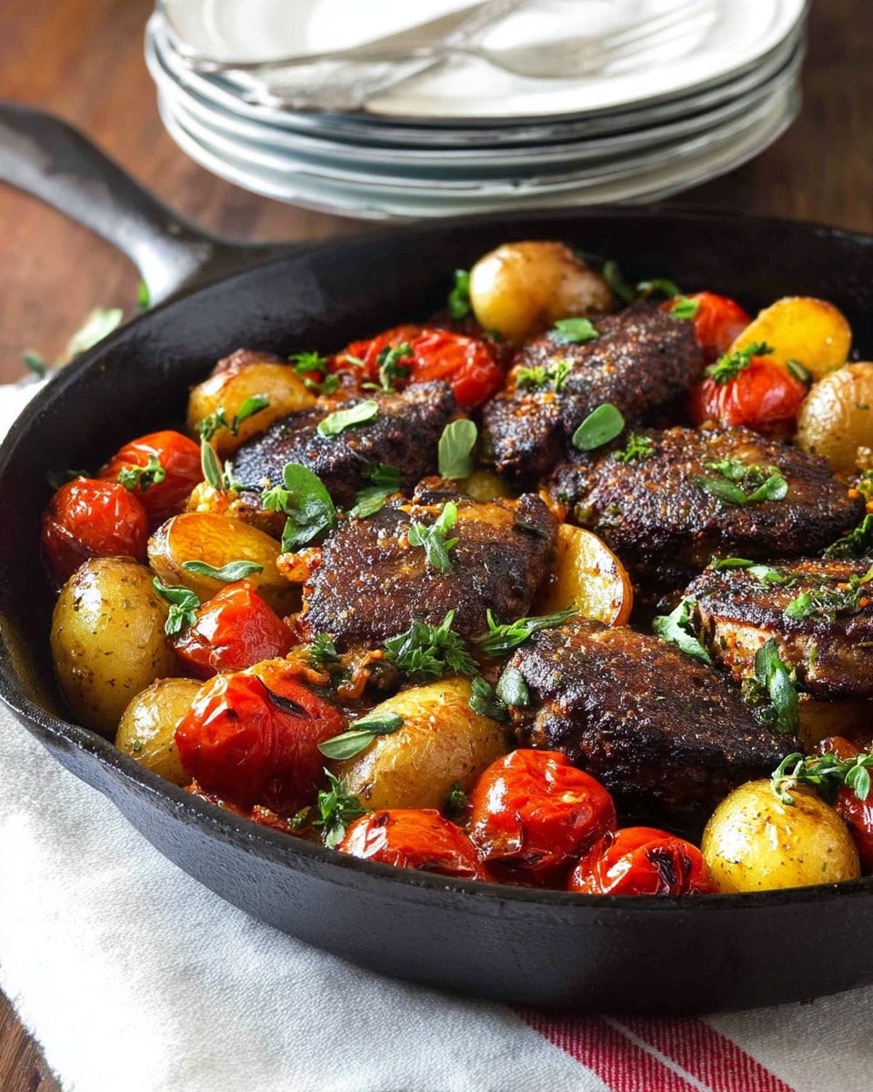 A black skillet filled with a cooked dish showing two main layers: the bottom layer has golden-brown roasted baby potatoes and whole small red tomatoes with a slightly wrinkled texture, unevenly placed around the pan; the top layer includes several dark brown, grilled meat patties with a charred surface, garnished with small fresh green herb leaves scattered evenly across the dish. The skillet sits on a white cloth with a red stripe, and in the background, there is a stack of white plates with black trim on a white marbled surface. photo taken with an iphone --ar 4:5 --v 7