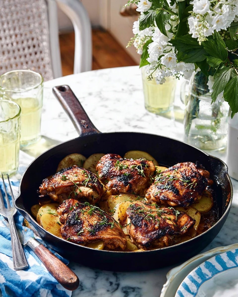 A round black cast iron pan filled with four pieces of cooked chicken thighs on top, their skin crispy and browned with dark char marks, sprinkled lightly with small green herb leaves. Below the chicken thighs is a single layer of golden, roasted potato slices that show a slightly crispy texture. The pan is placed on a white marbled surface with a blue and white striped cloth underneath, and a wooden-handled fork rests inside the pan, leaning on one piece of chicken. White flower branches and a clear glass of water are visible in the background, adding a fresh feel. Photo taken with an iphone --ar 4:5 --v 7