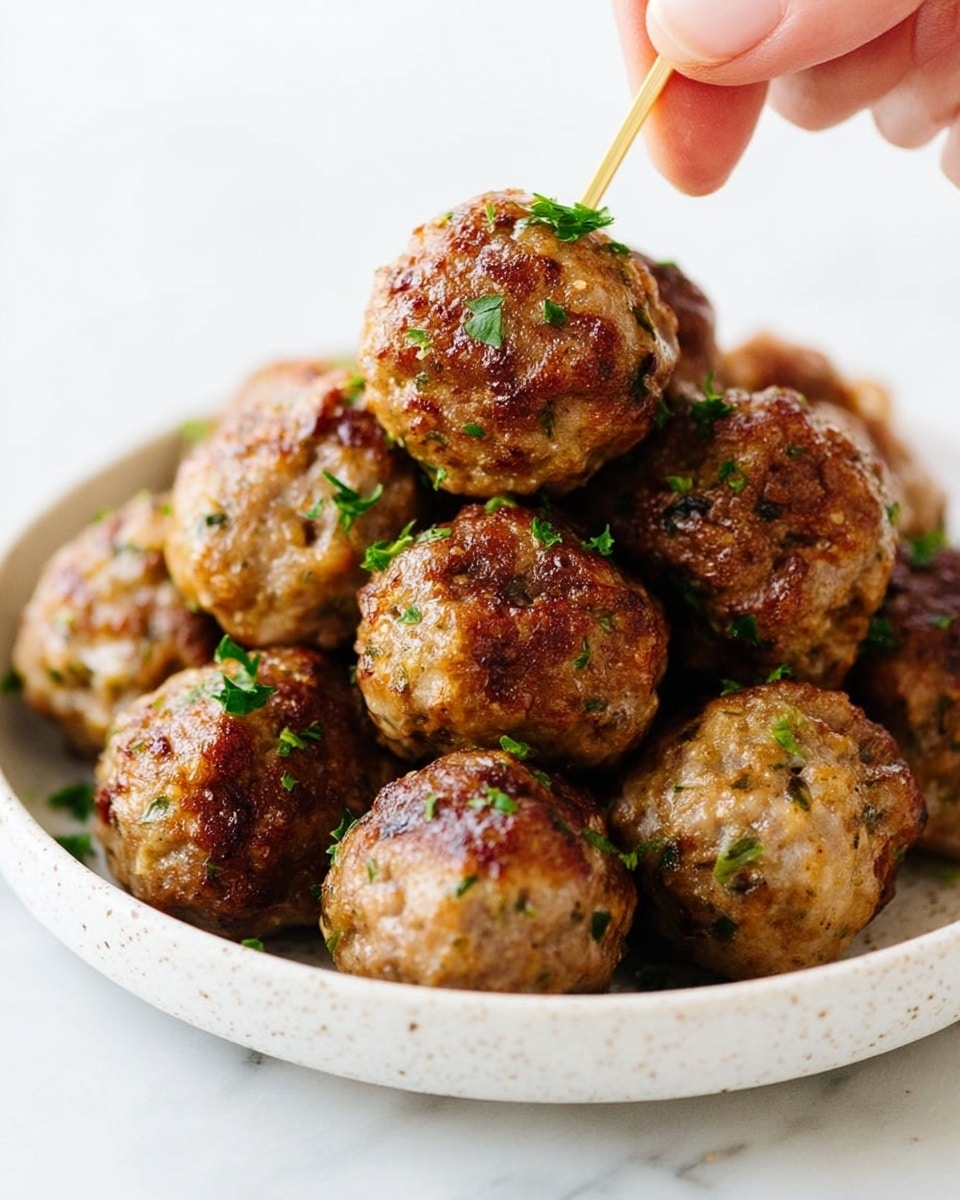 A pile of about ten golden-brown meatballs with a slightly crispy texture and bits of herbs on the surface sits in a shallow, white bowl with a speckled pattern. Each meatball is round and juicy, with small green parsley pieces sprinkled on top. A woman's hand is holding a toothpick and picking up one meatball from the top of the pile. The background is a soft white marbled texture that highlights the warm tones of the meatballs. photo taken with an iphone --ar 4:5 --v 7