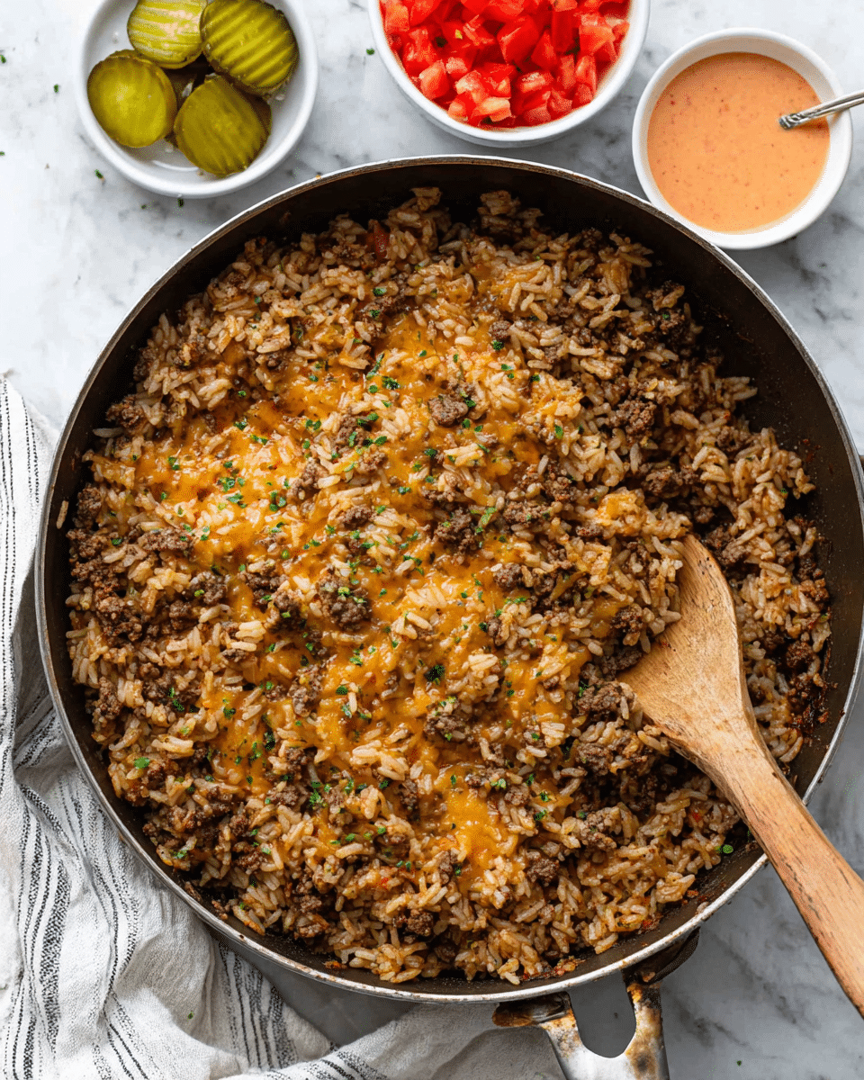 A skillet filled with a one-layer mix of cooked rice and browned ground beef mixed together with melted cheese, all seasoned and garnished with small green herb bits, with a wooden spoon resting on the right side inside the skillet; around the skillet on a white marbled surface, there are three pickle slices to the top left, a small white bowl of chopped red tomatoes at the top center, and a small white bowl of pink-orange sauce to the top right with some sauce spilled slightly on the surface; a white cloth with gray stripes is partially visible at the bottom left corner of the image. photo taken with an iphone --ar 4:5 --v 7