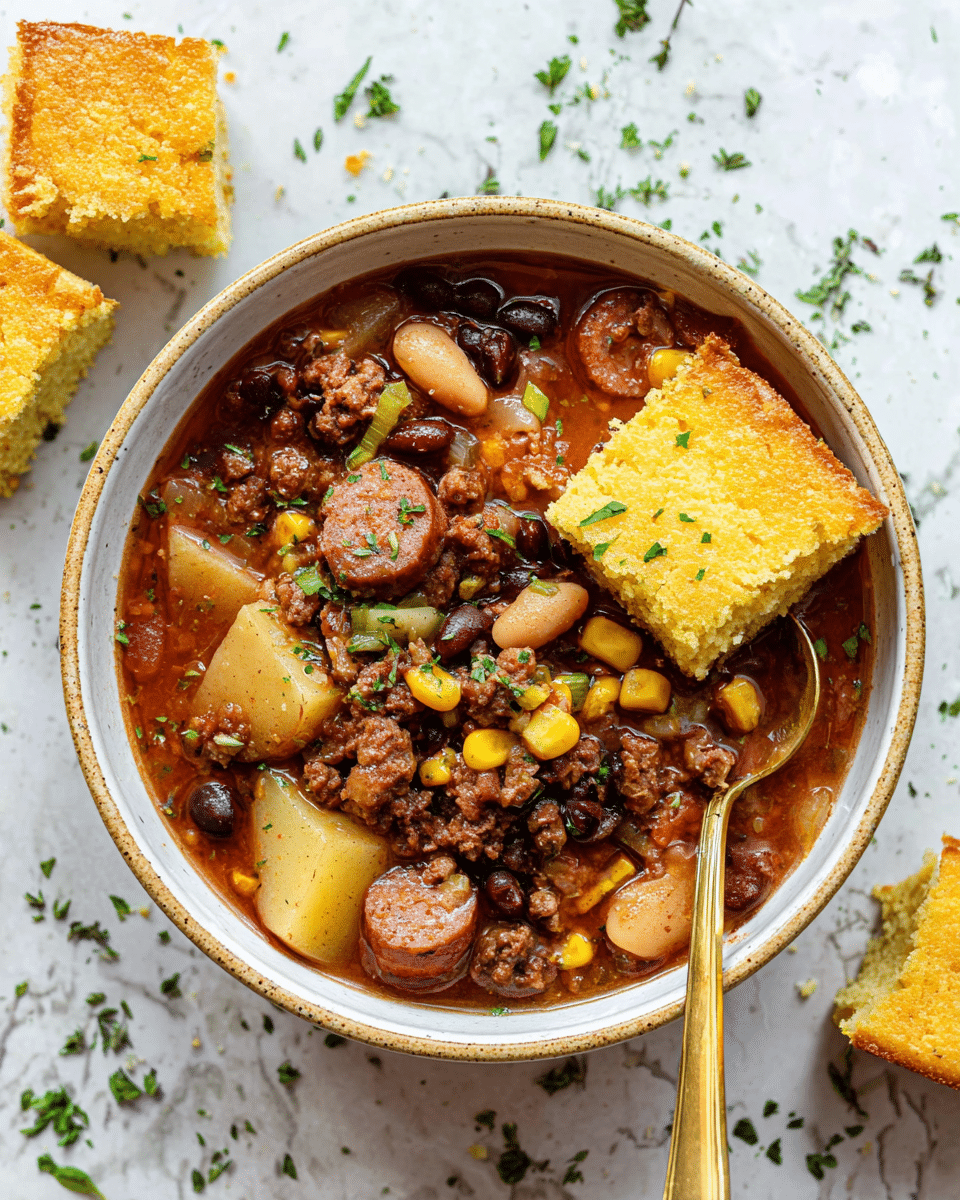 A rustic bowl filled with a thick stew layered with chunks of brown sausage slices, light yellow potato cubes, black and brown beans, yellow corn kernels, and bits of ground meat in a rich reddish-brown broth, topped with small green herb pieces. A golden, square cornbread piece with a crumbly texture rests on the side inside the bowl. A golden spoon is placed inside the stew near the front edge of the bowl. The bowl is white with a beige rim and sits on a white marbled texture surface with scattered chopped green herbs and two more pieces of cornbread on the side. photo taken with an iphone --ar 4:5 --v 7