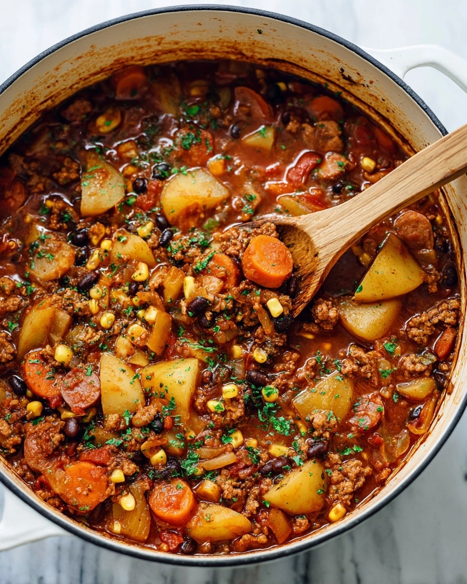 A large white pot filled with a rich stew that has many colorful layers, including chunky beige potatoes, slices of orange carrots, light brown beans, yellow corn kernels, and small black beans. The stew has a reddish-brown thick sauce, with pieces of browned ground meat and slices of browned sausage mixed in. Fresh green herbs are sprinkled on top for color. A wooden spoon is scooping a portion that shows a good mix of the ingredients. The pot is set on a white marbled surface. photo taken with an iphone --ar 4:5 --v 7