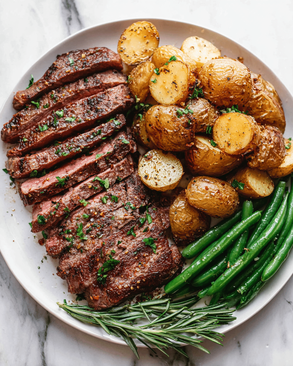 A white plate holds a meal with three sections: on the left, there are 8 slices of medium-rare steak with a pink center and brown edges, sprinkled with chopped green herbs and coarse spices; the middle section has about 12 golden-brown roasted potato halves with crisp skins and a sprinkle of herbs; the right side features a small pile of bright green, cooked green beans with a smooth texture; a fresh rosemary sprig lies along the bottom edge of the steak; the plate sits on a white marbled surface. photo taken with an iphone --ar 4:5 --v 7