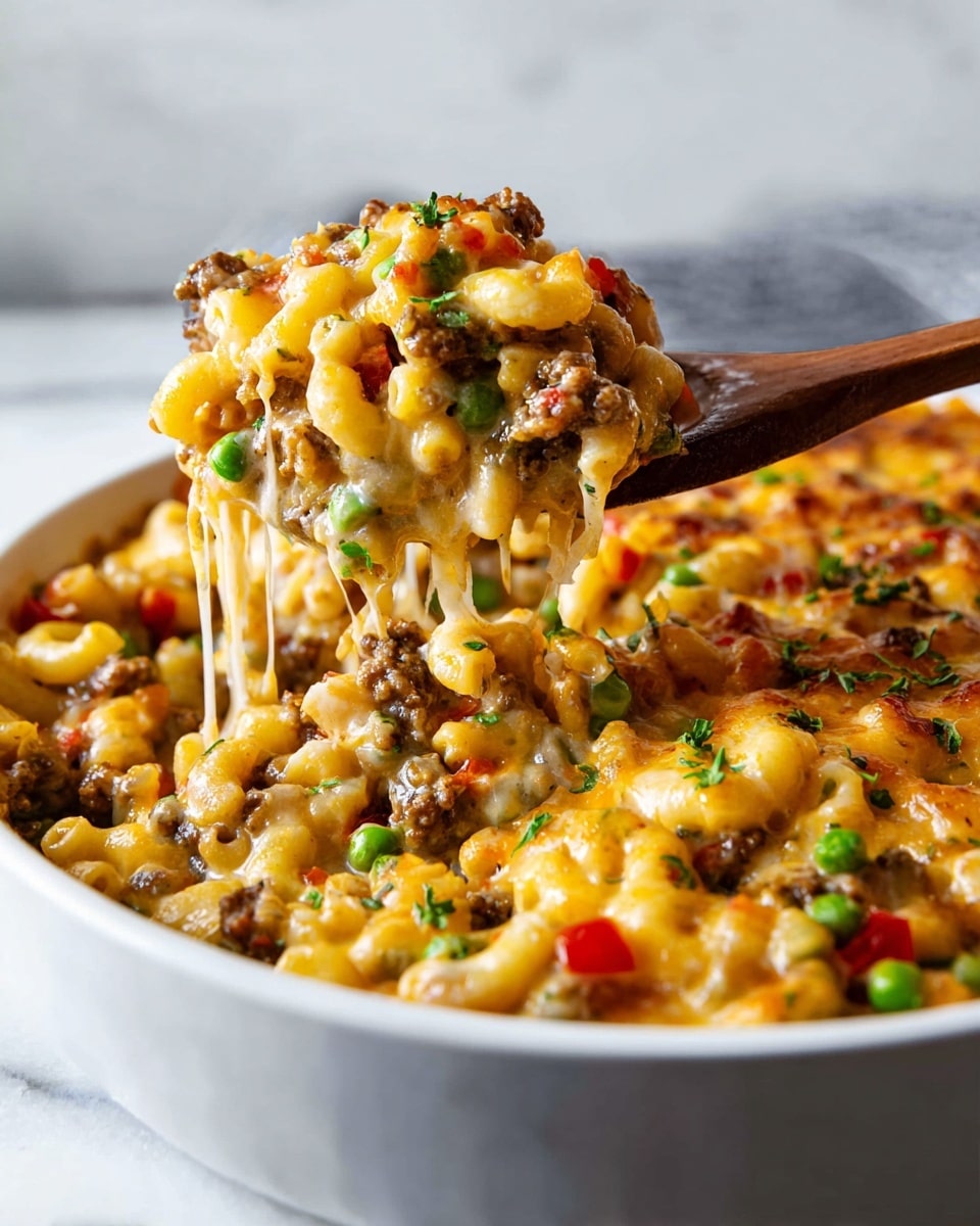 A close-up of a white bowl filled with creamy macaroni and cheese mixed with green peas and small pieces of browned ground meat and red bell peppers. The top layer is covered in melted, gooey golden-yellow cheese with hints of herbs sprinkled on top. A wooden spoon lifts a portion showing the soft, cheesy pasta with peas and meat, cheese stretching in thin strings. The dish sits on a white marbled surface with soft lighting highlighting the food's texture and colors. Photo taken with an iphone --ar 4:5 --v 7