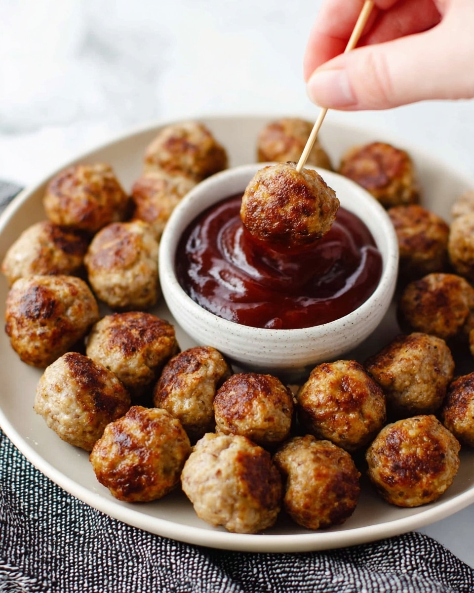 A white plate filled with many small round meatballs that are golden brown and slightly crispy, arranged around a small round bowl in the middle. The bowl contains thick, dark red barbecue sauce with a smooth texture. A woman's hand is holding one meatball on a toothpick right above the bowl, ready to dip it into the sauce. The background shows a white marbled texture and a black and white cloth under the plate. photo taken with an iphone --ar 4:5 --v 7