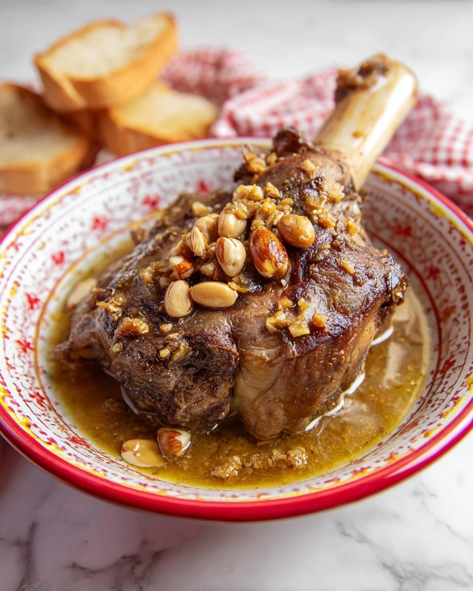 A large single cooked lamb shank sits in the center of a deep white bowl with red and yellow decorative patterns along the rim. The lamb shank is a deep brown, with a textured, cooked surface showing bits of seasoning and onion. On top of the lamb are a handful of golden-brown roasted almonds adding a crunchy contrast. The meat rests in a light brown gravy that pools at the bottom of the bowl, with a few extra almonds scattered in the sauce. In the background, there are pieces of toasted bread resting on a white marbled surface, complementing the dish. photo taken with an iphone --ar 4:5 --v 7