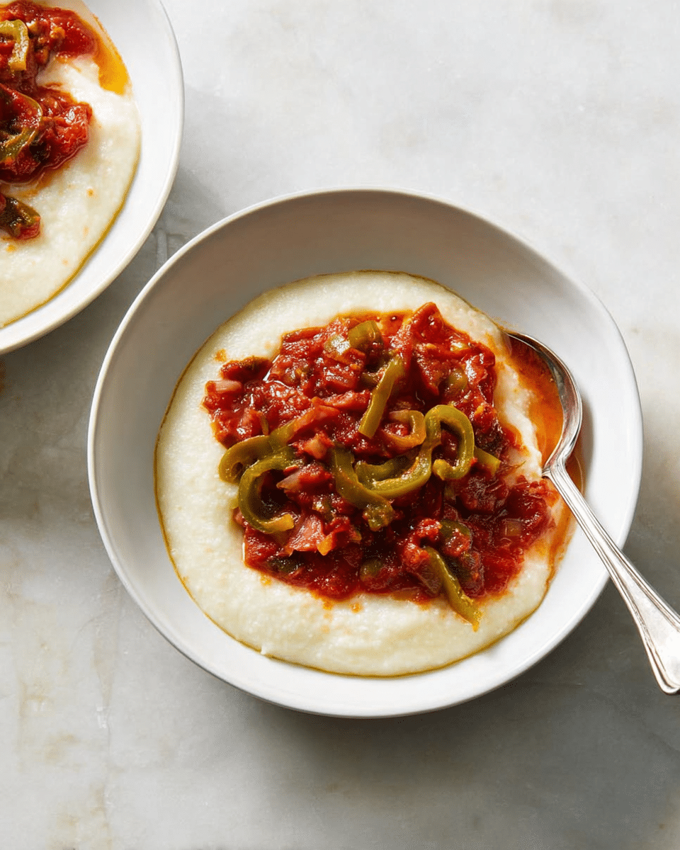 A white bowl filled with a two-layer dish: the bottom layer is smooth, creamy white polenta spread thickly, and the top layer is a chunky red tomato sauce with cooked green bell pepper slices and thin rings of cooked red onion, scattered unevenly over the polenta. A shiny silver spoon rests on the right side of the bowl, partially dipped into the dish. The bowl sits on a white marbled surface with soft natural light from the left. Another similar bowl is partially visible on the left edge of the image. Photo taken with an iphone --ar 4:5 --v 7