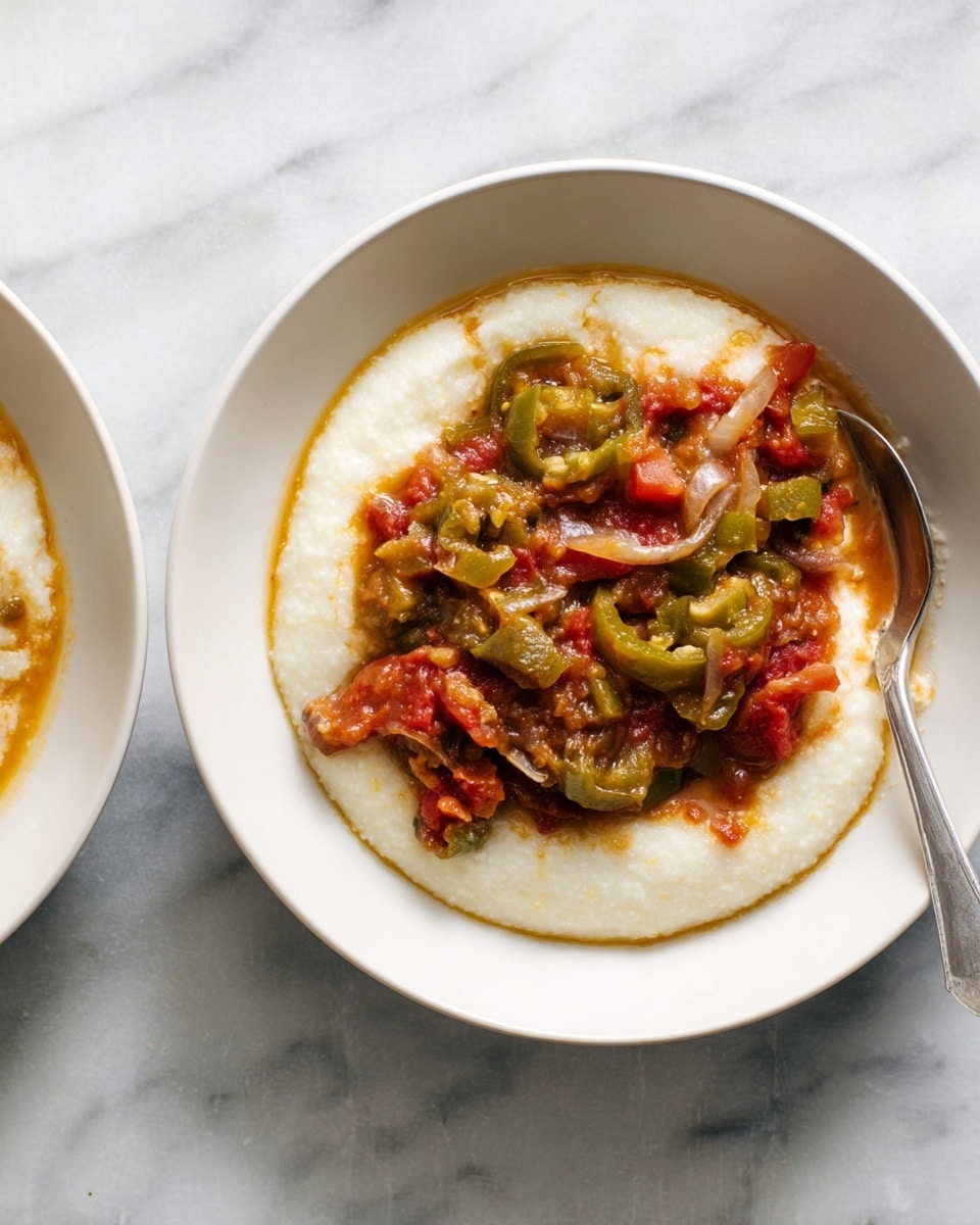 The image shows a white bowl with two layers of food. The bottom layer is smooth and creamy white grits spread evenly across the base of the bowl. On top is a chunky vegetable sauce made of green sliced peppers, red tomato pieces, and thin slices of onion, creating a mix of red, green, and light purple colors. A silver spoon rests on the right edge of the bowl, partly dipped into the grits. The bowl is placed on a white marbled texture surface. Photo taken with an iphone --ar 4:5 --v 7