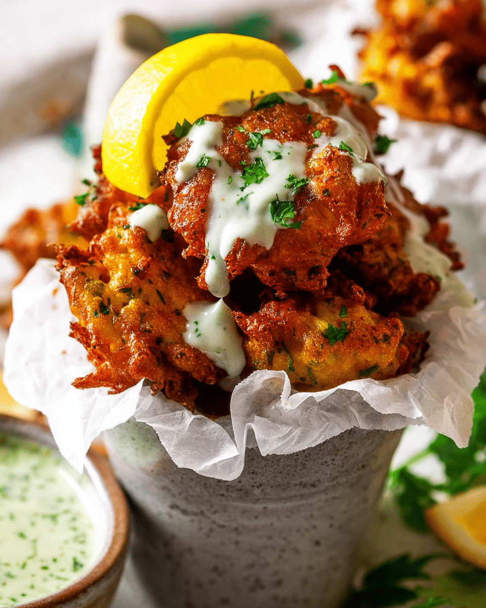 A white plate holds many golden-brown fried fritters with a rough, crispy texture, scattered unevenly. There are fresh green cilantro leaves placed under and around the fritters, adding a touch of bright green. In the top left corner of the plate, a small round bowl with green chutney sauce sits, with a woman's hand dipping one fritter into it. At the top of the plate, there are three lemon wedges with bright yellow skin and pale yellow flesh. The background is a white marbled surface. photo taken with an iphone --ar 4:5 --v 7
