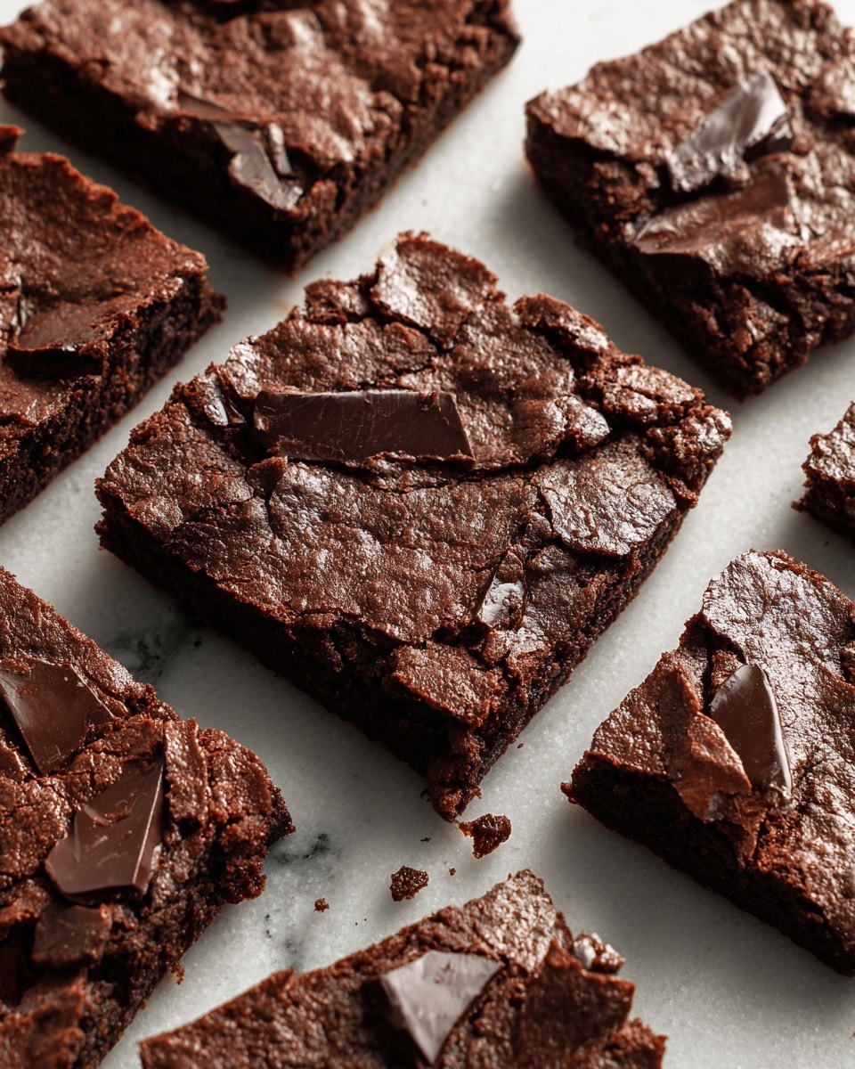 The image shows several square-shaped chocolate brownies arranged on a white marbled surface. Each brownie has a dark brown, slightly crumbly texture with a shiny, cracked top layer. Large chunks of melted chocolate are scattered on the surface of the brownies, adding texture and variation in dark brown tones. The edges of the brownies are slightly uneven, showing a dense interior. The close-up view highlights the moist and rich look of the brownie pieces. Photo taken with an iphone --ar 4:5 --v 7