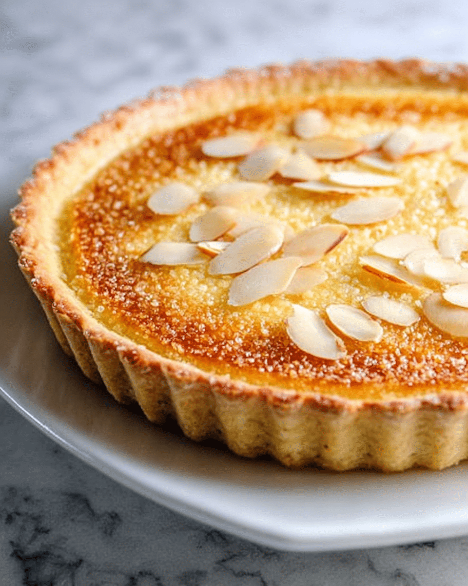 The image shows a slice of pie on a white plate set on a white marbled surface. The pie slice has a golden brown crust with a slightly crumbly texture around the edge. The filling is light yellow and smooth with a moist appearance. On top of the slice, there is a dollop of white whipped cream, sprinkled with thin, light brown almond slices. A single bright red raspberry is placed on the whipped cream, adding a pop of color. More almond slices are scattered lightly around the pie slice on the plate. Photo taken with an iphone --ar 4:5 --v 7