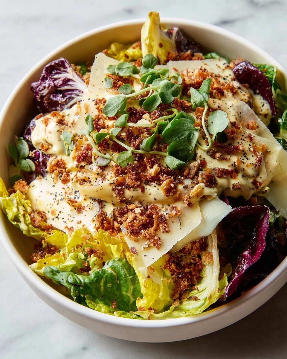 A white bowl filled with a colorful salad layered with mixed greens including dark purple, bright yellow, and green leaves. The top layer shows light brown crunchy crumbs sprinkled generously over thin, pale white cheese shavings. The salad is lightly dressed with a creamy sauce that adds a glossy texture, and the entire dish sits on a white marbled surface. photo taken with an iphone --ar 4:5 --v 7