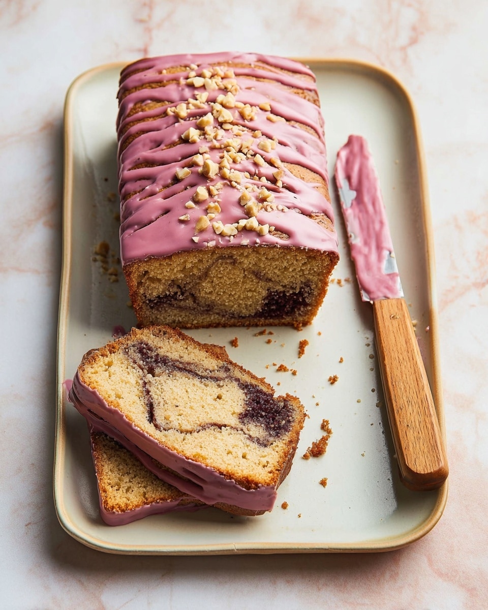 A rectangular slice of cake with a light brown crumb showing a dark brown swirl running through it sits next to the main loaf on a white rectangular plate with rounded edges. The main loaf has a thick drizzle of smooth, pink-purple glaze spread evenly over the top with crushed nuts scattered on the glaze. The cake has a soft texture with small crumbs around the slices. Beside the plate, a wooden-handled knife with some of the pink-purple glaze on its blade rests on the white marbled surface. Photo taken with an iphone --ar 4:5 --v 7