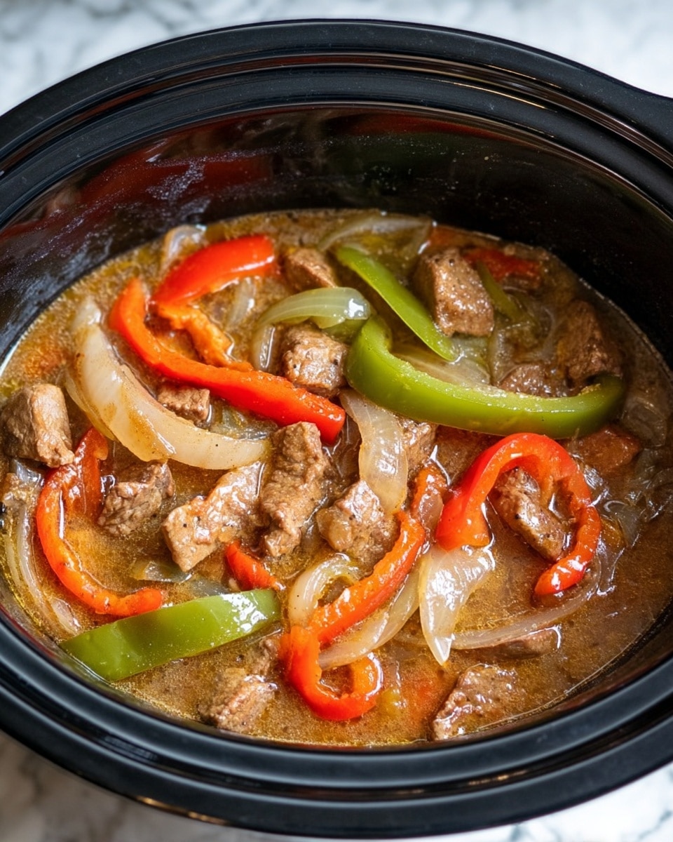 Inside a black slow cooker, there is a stew made of several layers: the bottom layer is light brown broth with a slightly thick texture, visible throughout the dish; floating on top, there are pieces of cooked meat, cut into small chunks with a browned surface; mixed with the meat are slices of red and green bell peppers, bright and soft, adding vivid color; onion slices, translucent and slightly cooked, are scattered unevenly around the meat and peppers; the overall look is glossy and wet, showing the stew is freshly cooked. The slow cooker sits on a white marbled surface. photo taken with an iphone --ar 4:5 --v 7