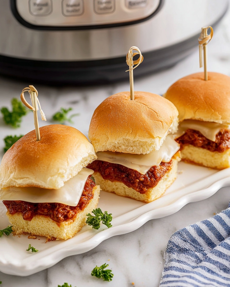 Three mini sandwiches are placed side by side on a white rectangular plate with a wavy edge. Each sandwich has a light golden brown top bun with a soft texture. The middle layer consists of melting light beige cheese slices that cover a thick, rich reddish-brown meat sauce base on the bottom bun, which is slightly crumbly and pale yellow. Each sandwich is held together by a thin bamboo skewer with a small loop at the top. The plate sits on a white marbled surface with small green parsley pieces scattered around, and a striped blue cloth is visible at the corner. Photo taken with an iphone --ar 4:5 --v 7