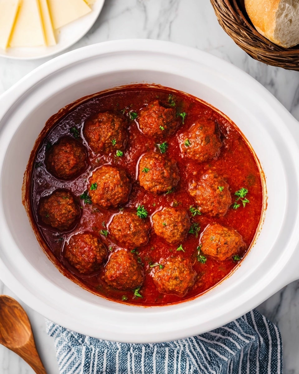 The image shows a white slow cooker filled with red tomato sauce and about fifteen round meatballs slightly browned on top scattered evenly in the sauce. Small green parsley leaves are sprinkled across the meatballs and sauce for garnish. The slow cooker is on a white marbled surface, and around it are a white plate with pale cheese slices, a wooden spoon, and a basket with bread rolls partially visible. A blue and white striped cloth is under the slow cooker. The sauce looks thick with a rich red color, and the meatballs have a textured surface. photo taken with an iphone --ar 4:5 --v 7
