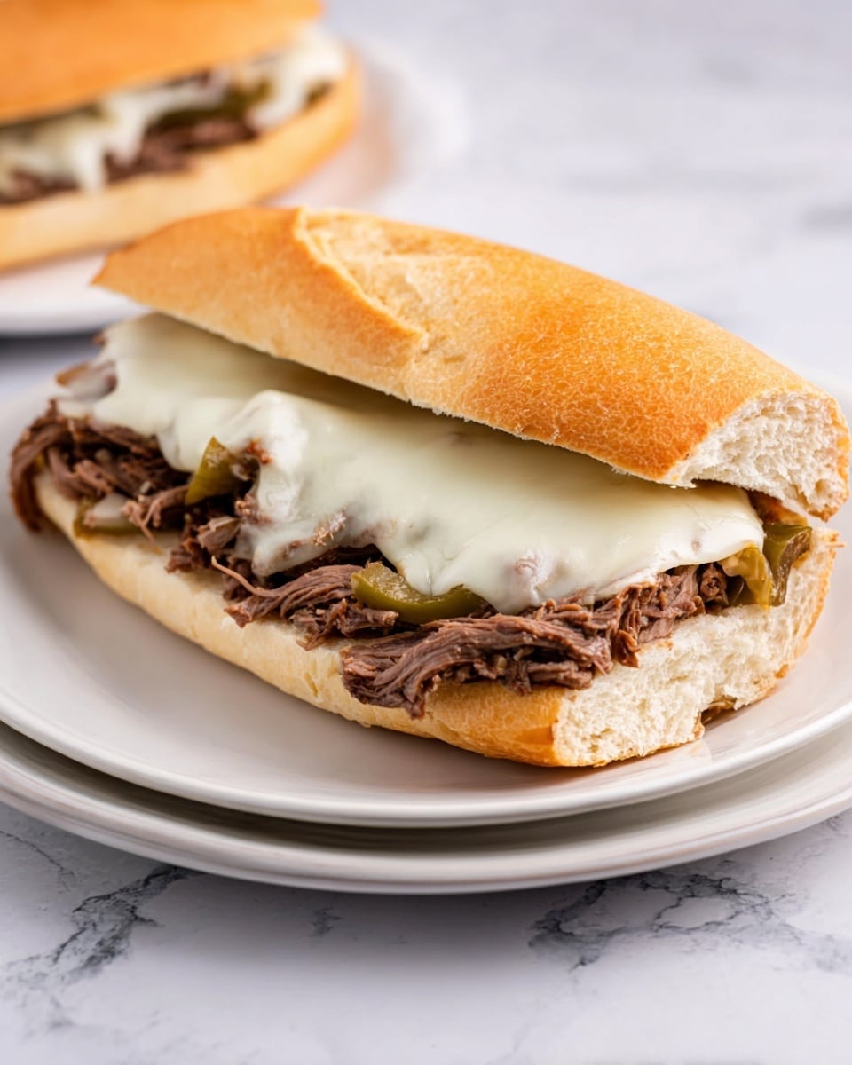 A hoagie roll sandwich with three layers is shown on two white plates stacked, set on a white marbled surface. The bottom layer is the soft, light brown bread of the hoagie roll. Next is a layer of shredded dark brown beef mixed with some light greenish-yellow cooked onions and peppers. On top is a layer of melted white cheese, draped unevenly over the beef. The top layer is the soft brown top half of the hoagie roll resting lightly on the cheese. Photo taken with an iphone --ar 4:5 --v 7