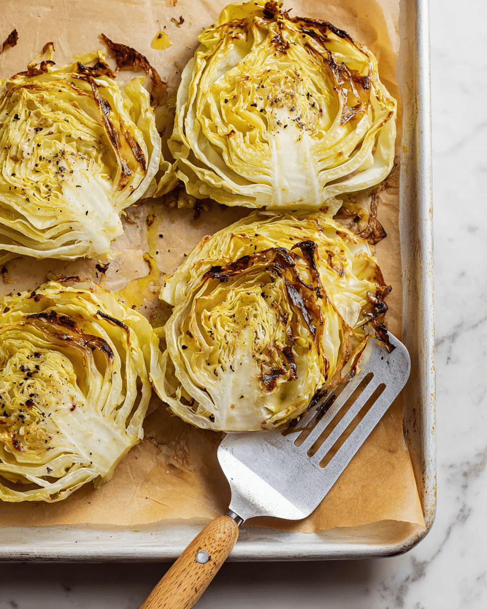 The image shows four grilled cabbage slices on a white baking tray lined with light brown parchment paper. Each cabbage slice is made of multiple layers of thin, yellowish-white leaves, some edges lightly charred to dark brown, adding texture and a slight crisp look. The cabbage layers have a glistening surface with specks of black pepper and oil. A metal spatula with a wooden handle rests under one cabbage slice in the bottom right corner, lifting it slightly. The tray is set on a white marbled surface. photo taken with an iphone --ar 4:5 --v 7