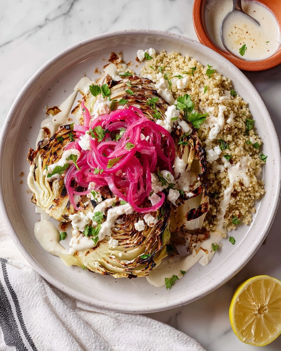 A white plate holds a dish with three main layers. The bottom layer is a large, round, grilled cabbage slice with charred edges in dark brown and light green colors. The middle layer is creamy white sauce drizzled on top and around the cabbage. On the top layer, there are bright pink pickled onions twisted in the middle, crumbled white cheese scattered around, and small green parsley leaves placed for garnish. To the side of the cabbage, there is a small pile of light beige bulgur with bits of green herbs mixed in, and a lemon wedge with yellow skin and pale inside sits near the plate’s edge. The plate rests on a white marbled surface with a striped white cloth near its base. Photo taken with an iphone --ar 4:5 --v 7