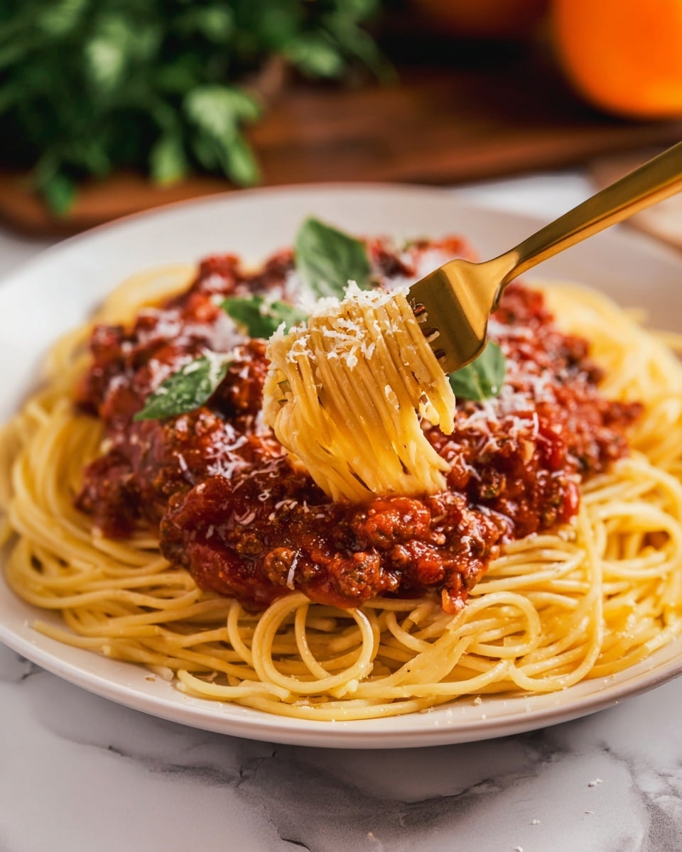 A white plate holds a serving of spaghetti with three layers: the bottom layer is plain, golden-yellow spaghetti noodles, the middle layer is a chunky red tomato meat sauce with visible pieces of ground beef, and the top layer is sprinkled with white grated cheese and small green basil leaves. A golden fork is twisting a portion of the spaghetti and sauce in the center, lifting it slightly from the plate. The background shows softly blurred green herbs and an orange object on a white marbled texture. Photo taken with an iphone --ar 4:5 --v 7