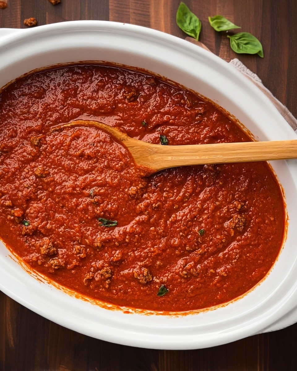 A white oval dish is filled with thick red tomato sauce that has small chunks of meat and herbs visible in it. A wooden spoon lies inside the sauce, resting along the right side of the dish, with the handle crossing over the sauce. The sauce has a smooth but chunky texture and coats the inside edges of the dish slightly. The dish is set on a dark wood surface, but the background is not part of the description. Photo taken with an iphone --ar 4:5 --v 7