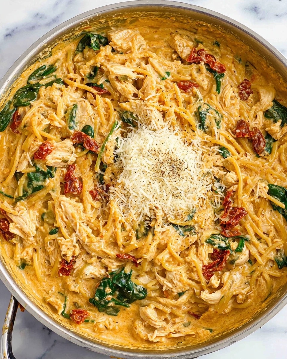 A close-up view of creamy, orange-tinted pasta mixed with chopped sun-dried tomatoes and wilted green spinach leaves, all combined in a deep pan. The surface of the pasta has a rich, thick texture with small chunks of white shredded chicken mixed in. In the center, there is a light gathering of finely grated pale yellow cheese sprinkled with some cracked black pepper, adding contrast to the creamy pasta around it. The background is a white marbled texture. Photo taken with an iphone --ar 4:5 --v 7