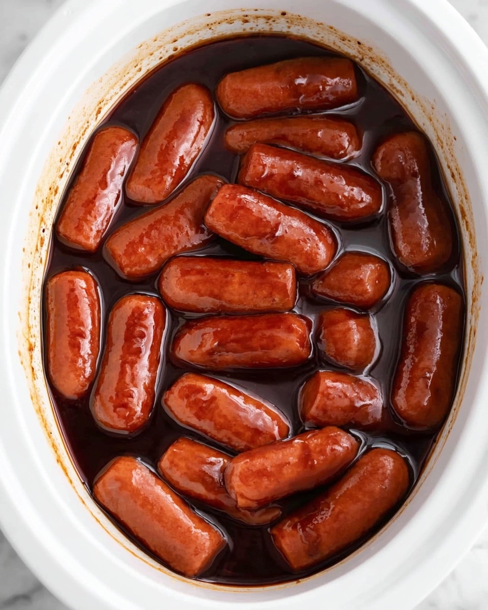 This image shows a white slow cooker filled with many small, glossy, reddish-brown sausages covered in a dark, shiny sauce that pools around them. The sausages are arranged in one thick layer, all touching each other, with the sauce coating their smooth skin and the sides of the slow cooker. The inside edges of the cooker have some sauce stains. The backdrop is a white marbled texture. photo taken with an iphone --ar 4:5 --v 7
