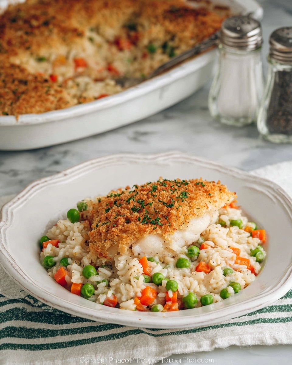 A close-up view of a white plate with a serving of creamy rice mixed with green peas and small orange carrot pieces forming the bottom layer. On top sits a single piece of golden-brown baked fish, its surface evenly coated with a crispy, lightly spiced breadcrumb crust with small green herb sprinkles. The plate rests on a white cloth with green stripes over a white marbled surface. In the background, a white casserole dish filled with more of the fish and rice bake is partially visible, along with clear salt and pepper shakers on the right side. Photo taken with an iphone --ar 4:5 --v 7