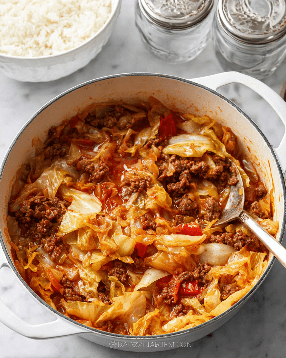 Two white bowls sit on a white marbled surface, each filled with a layered dish starting with a base of white rice, topped with a chunky mixture of cooked ground beef and soft, sliced cabbage coated in a rich red tomato sauce. The beef is brown and crumbly, the cabbage adds a pale yellow-orange hue with a slightly translucent texture, and the sauce has visible pieces of tomato adding a deep red color and glossy finish. A sprig of fresh green parsley lies next to the front bowl, adding a touch of color contrast. In the background, a set of clear glass salt and pepper shakers stands next to a knife and fork resting on a folded white and gray striped cloth. photo taken with an iphone --ar 4:5 --v 7