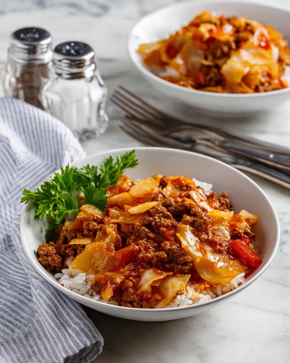 A white pot filled with a mix of cooked ground meat and chopped cabbage in a reddish sauce, showing about two layers with the meat chunks dark brown and the cabbage pieces pale yellow with some translucence; visible small red tomato pieces are mixed in, and a silver spoon rests inside the pot scooping some of the mixture. In the background, a white bowl filled with fluffy white rice and two clear containers with silver lids are partially visible, all placed on a white marbled surface. photo taken with an iphone --ar 4:5 --v 7