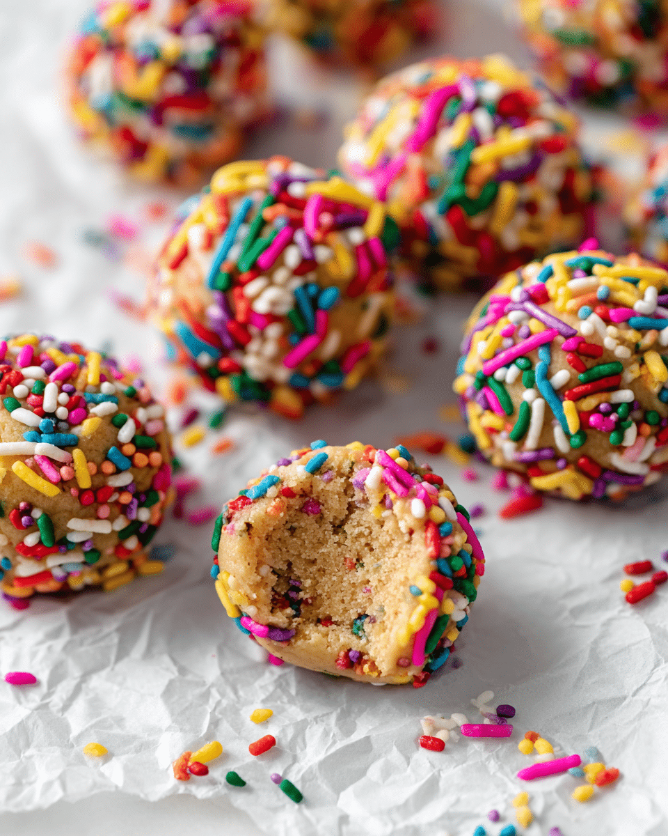 The image shows a close-up of several round, beige cookie dough balls covered in colorful sprinkles, arranged on crinkled white parchment paper on a white marbled surface. One cookie dough ball is bitten, revealing a soft, dense, crumbly texture inside with embedded small colorful sprinkles. The outer layer is thick and fully coated with a mix of long, thin, and small round sprinkles in bright colors like red, yellow, green, pink, purple, white, and blue. Extra sprinkles are scattered around the dough balls on the parchment paper, adding to the colorful, playful look. Photo taken with an iphone --ar 4:5 --v 7