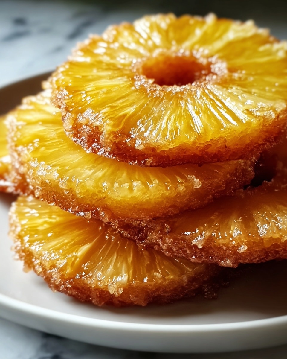 A close-up view of a stack of four thin pineapple cakes featuring a bright yellow pineapple slice on top of each cake, with visible juicy segments and a translucent texture. Each cake layer has a golden brown, slightly crispy edge with a sugar-like coating that glistens. The cakes are placed on a white plate, set against a white marbled texture background. The image emphasizes the shiny and moist look of the pineapple rings with a lightly textured, caramelized border. Photo taken with an iphone --ar 4:5 --v 7