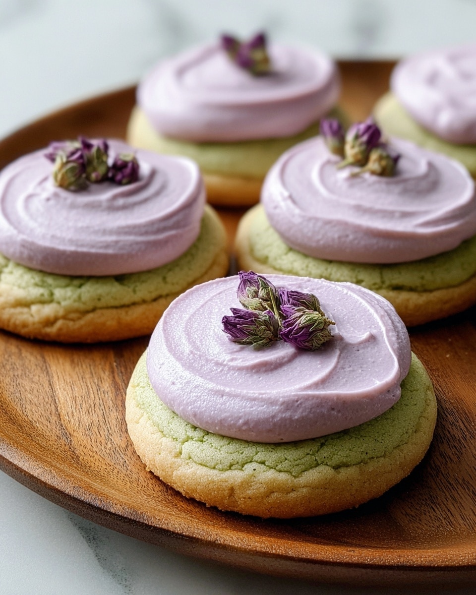 The image shows five round cookies arranged on a wooden plate. Each cookie has two layers: a pale green base with a slightly cracked texture, and a thick, smooth layer of light purple frosting spread evenly on top. In the center of each frosting layer, there is a small cluster of delicate purple flower buds, adding a decorative touch. The background is a white marbled texture. photo taken with an iphone --ar 4:5 --v 7
