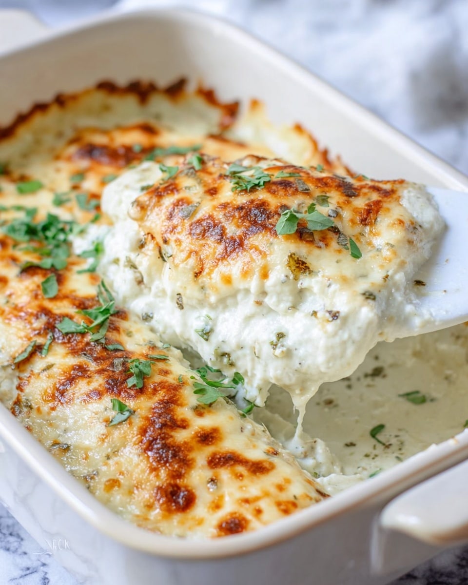 The image shows a close-up of a baked dish in a white rectangular baking dish with a white spatula lifting a piece. The dish has two main layers: the bottom layer is creamy white with a rich, thick texture, while the top layer is melted cheese with golden brown spots and a slightly crispy surface. Fresh green herbs are sprinkled on top, adding a touch of color and freshness. The background consists of a white marbled texture. Photo taken with an iphone --ar 4:5 --v 7