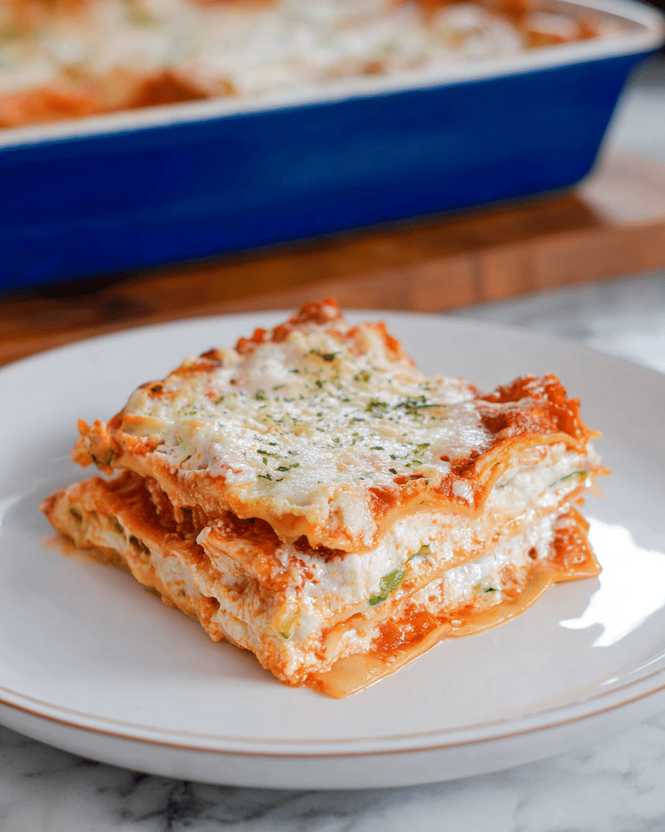 A square piece of lasagna sits on a white plate with three visible layers: the top layer is a light golden melted cheese with a slightly browned edge, the middle layer shows creamy white ricotta mixed with small bits of green zucchini and herbs, and the bottom layer is a light orange-red tomato sauce with pasta sheets visible around the edges. The lasagna looks soft and cheesy with a smooth texture and some sprinkled herbs on top. In the background, there is a blue baking dish partially visible on a white marbled surface. Photo taken with an iphone --ar 4:5 --v 7