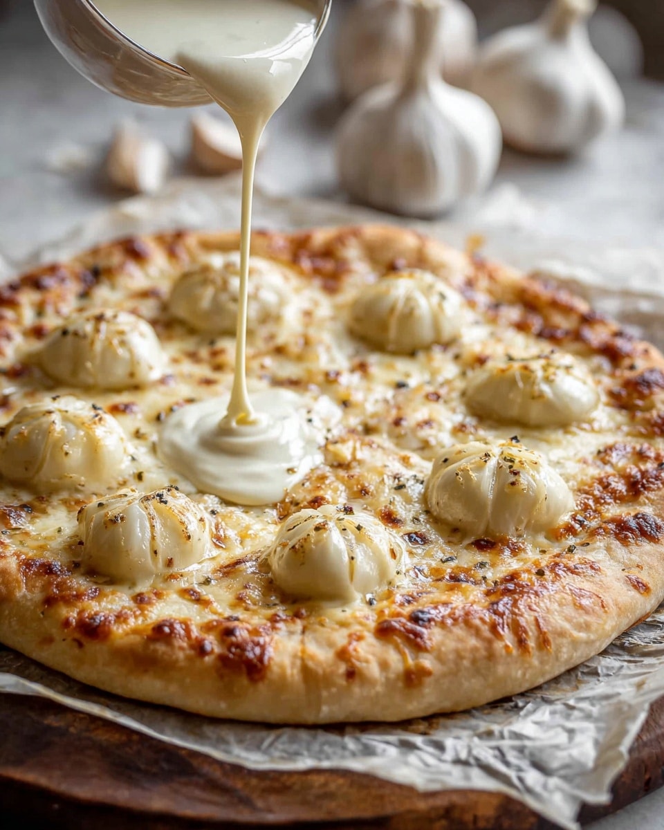 A thick circle of baked dough with a light golden edge forms the base of this pizza, topped with eight evenly spaced small white garlic bulbs arranged around the edges. A white creamy sauce is being poured in the middle, spreading smoothly over melted, slightly browned cheese that covers the entire top layer. The pizza sits on crumpled parchment paper on a wooden board, with whole garlic bulbs blurred in the background set on a white marbled textured surface. photo taken with an iphone --ar 4:5 --v 7