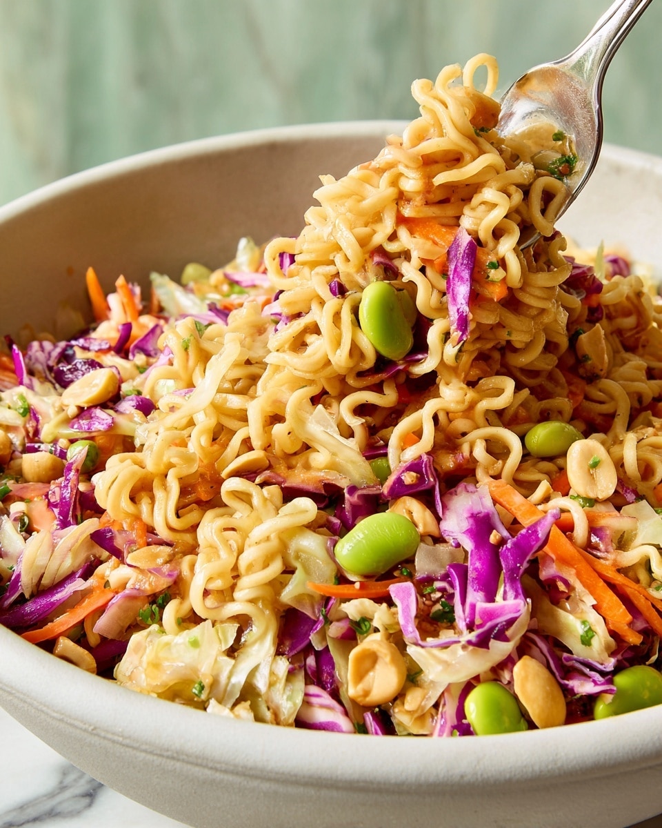 A close-up view of a large white bowl filled with a colorful noodle salad featuring several layers: at the bottom and throughout, light golden, dry ramen noodle chunks with a textured, wavy shape; mixed in are thin strips of bright orange carrots and fresh purple cabbage petals alongside pale green cabbage shreds, adding a crisp look; scattered bright green edamame beans and tan roasted peanuts are visible among the vegetables and noodles, providing varied shapes and colors; a silver fork lifts a portion of the salad from the bowl, showing the mix of different elements together; the background is a white marbled surface with a soft greenish tone visible behind. Photo taken with an iphone --ar 4:5 --v 7
