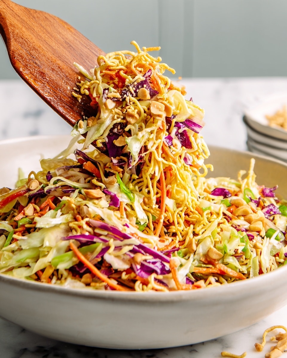 A large white bowl filled with a colorful salad showing several layers: the base layer is light green shredded cabbage mixed with bright orange shredded carrots, purple cabbage pieces, bright green scallions, and pale yellow bits of chopped nuts and broken dry ramen noodles. A wooden spatula is lifting a mix of these ingredients, showing different textures like crunchy nuts, curly dry noodles, and crisp cabbage. The bowl is set on a white marbled surface with a soft focus background. photo taken with an iphone --ar 4:5 --v 7