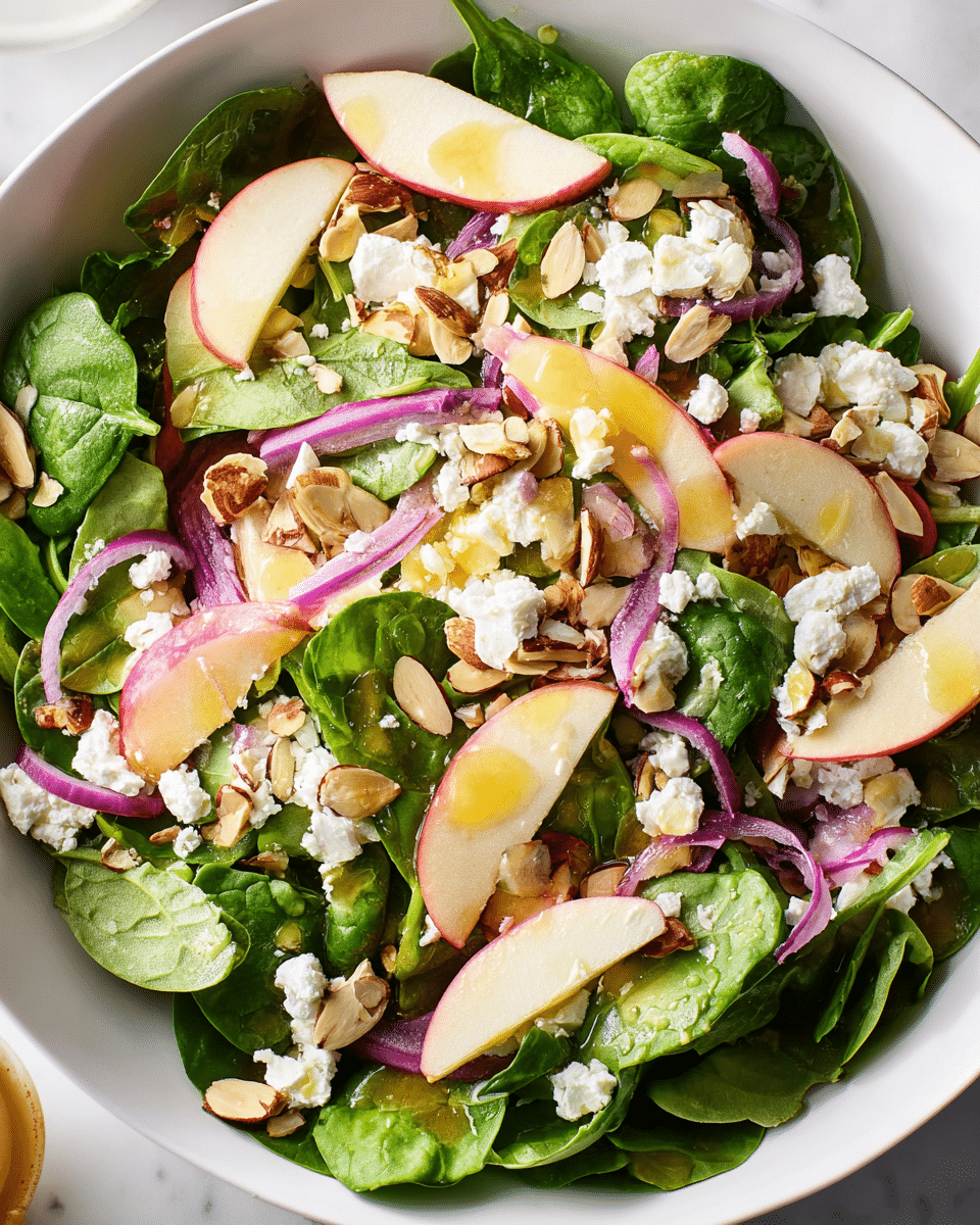 A fresh salad is shown in a deep white bowl on a white marbled surface, with a base layer of bright green spinach leaves. Thin slices of red-skinned apples, pale yellow inside, are scattered on top, adding a colorful contrast. Thin strips of purple-red onion are spread evenly over the salad. White crumbles of cheese, soft and crumbly in texture, are sprinkled across the whole dish. A handful of toasted almond slices, light brown with some whole almonds visible, add crunch. A glossy, golden-yellow dressing lightly coats parts of the salad, giving a fresh and appetizing shine. Photo taken with an iphone --ar 4:5 --v 7